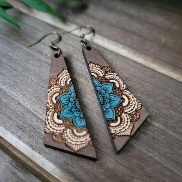 Earrings. Wood. Blue & Ivory Mandalas. Pierced. - Picture 10 of 11